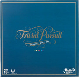 Trivial Pursuit Classic Edition board game by Hasbro. The game box features a deep blue background with elegant gold lettering and colorful icons at the bottom. Designed for ages 16 and up, it accommodates multiple players for trivia fun.