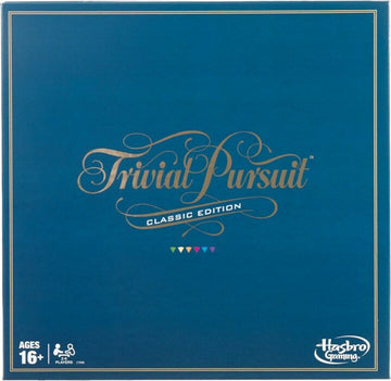 Trivial Pursuit Classic Edition board game by Hasbro. The game box features a deep blue background with elegant gold lettering and colorful icons at the bottom. Designed for ages 16 and up, it accommodates multiple players for trivia fun.