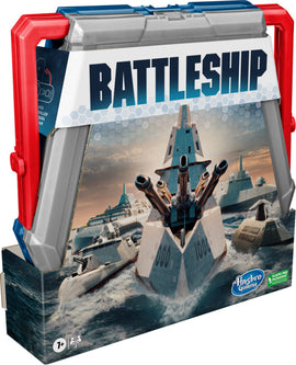 Battleship Classic 2022 game box by Hasbro. The visually striking packaging displays a naval battle scene, featuring ships on water. The box is designed with a handle for easy transport and has an eye-catching graphic with the game's title prominently featured.