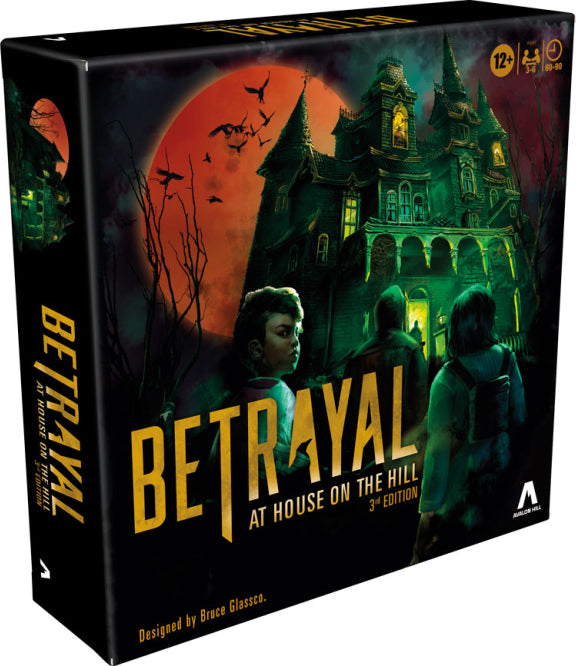 Betrayal at House on the Hill: 3rd Edition board game by Avalon Hill Hasbro. The box features a spooky mansion, dark colors, and eerie illustrations. Designed for ages 12 and up.