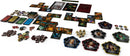 A detailed layout of the Betrayal at House on the Hill: 3rd Edition board game, showcasing various components including character cards, room tiles, tokens, and dice. The colorful artwork and intricate design reflect the game’s horror theme, inviting players to explore as they uncover the dark secrets of the haunted mansion.