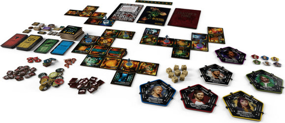 A detailed layout of the Betrayal at House on the Hill: 3rd Edition board game, showcasing various components including character cards, room tiles, tokens, and dice. The colorful artwork and intricate design reflect the game’s horror theme, inviting players to explore as they uncover the dark secrets of the haunted mansion.