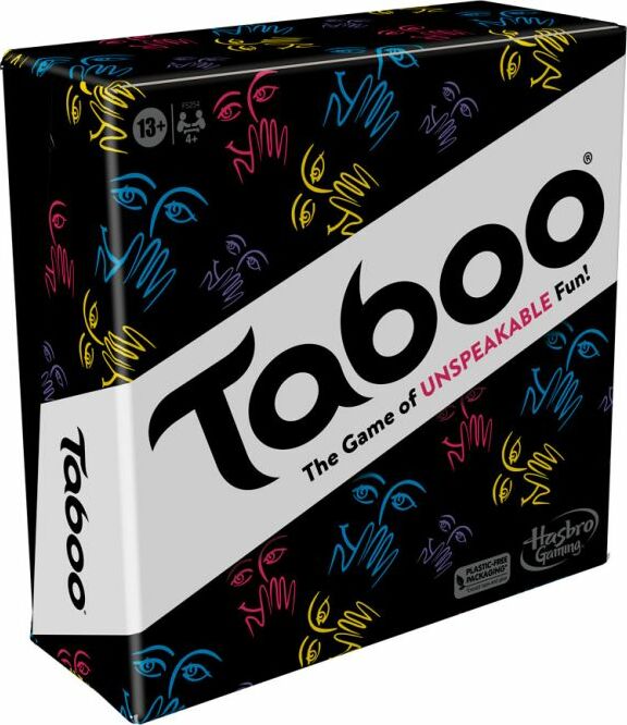 Taboo (2023) game from Hasbro, showcasing a vibrant black box design decorated with colorful hand prints and eye graphics. The text reads 'Taboo: The Game of UNSPEAKABLE Fun!' Suitable for ages 13 and up, for 4 or more players, it highlights an exciting and interactive gameplay experience.