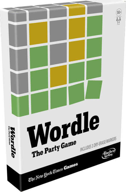 Wordle party game by Hasbro, featuring a distinctive green and gray grid design on the box, which includes 3 dry-erase markers. Suitable for ages 14 and up.