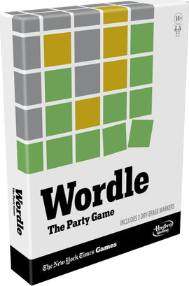 Wordle party game by Hasbro, featuring a distinctive green and gray grid design on the box, which includes 3 dry-erase markers. Suitable for ages 14 and up.