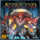 Aeon's End board game featuring a dramatic scene with a fierce red creature looming over four brave characters wielding magical powers in a mystical forest setting. The packaging showcases vibrant artwork that captures the intensity of the gameplay.