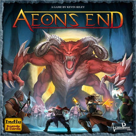Aeon's End board game featuring a dramatic scene with a fierce red creature looming over four brave characters wielding magical powers in a mystical forest setting. The packaging showcases vibrant artwork that captures the intensity of the gameplay.
