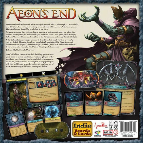 The back cover of the Aeon's End game, featuring vibrant illustrations, game components including cards and a gameplay overview. The design showcases the game's cooperative deck-building mechanics, along with a dark fantasy theme. Key characters and enemies such as the Carapace Queen are displayed, providing insight into the game's strategic elements and player interaction.