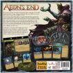 The back cover of the board game Aeon's End by Indie Boards and Cards, featuring vibrant artwork of a shadowy figure with outstretched hands. The design includes images of game cards, gameplay elements, and descriptions, showcasing the fantasy theme and cooperative gameplay elements. The intricate artwork captures the essence of the game, aimed at engaging players with its intriguing visuals and storyline.