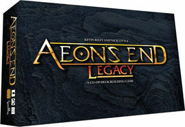 Aeon's End Legacy board game box featuring a dark stone background with golden lettering. The title reads 'Aeon's End Legacy' and notes 'A co-op deck building game' along with the names of the game designers Kevin Riley and Nick Little.