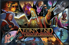 Aeon's End: Legacy of Gravehold game box featuring various characters and artwork. The vibrant design encapsulates a co-operative deck-building adventure, showcasing heroic figures, mystical elements, and an engaging atmosphere for strategy fans.