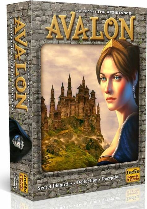 The Resistance: Avalon board game box featuring a dramatic illustration of a woman with a castle backdrop. The title is displayed prominently, highlighting its themes of secret identities, deduction, and deception. Ideal for fans of strategy games and social deduction.