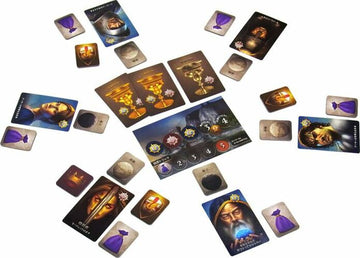 The Resistance: Avalon game components spread out on a table. Features character cards, quest cards, and other game tokens with art depicting knights and mystical symbols. Ideal for strategy and social deduction gameplay.