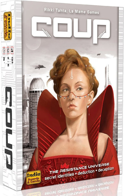 Coup board game box featuring bold artwork of a woman with a distinctive red outfit and glasses. The game's title, 'Coup', is prominently displayed. The design hints at secret identities, deduction, and deception, set in a futuristic backdrop.