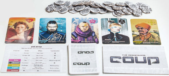 The game Coup from Indie Boards and Cards displayed with character cards and coins. It includes five character cards: Contessa, Captain, Assassin, and others, along with a play guide. The game features a sleek design with a modern aesthetic.