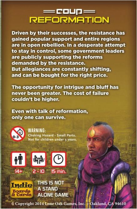 Coup: Reformation game by Indie Boards and Cards. The box features a man wearing a purple garment with a golden symbol on his forehead, representing intrigue and strategy. The text highlights themes of rebellion, alliances, and survival, indicating a game for ages 14+, suitable for 2 to 10 players, with an estimated playtime of 15 minutes.