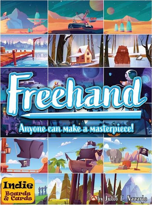 The product image for 'Freehand' by Indie Boards & Cards features a colorful collage of various scenic illustrations, showcasing a range of environments including forests, lakes, and space. The title 'Freehand' is prominently displayed in a playful font, emphasizing creativity with the tagline 'Anyone can make a masterpiece!' The lower left corner showcases the Indie Boards & Cards logo.