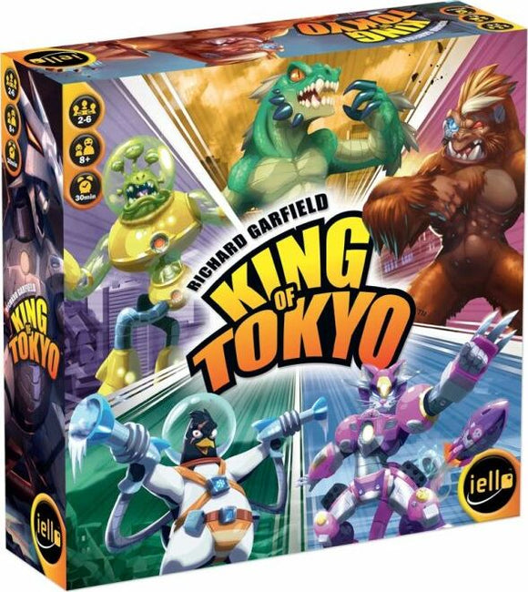 King of Tokyo board game by Iello featuring vibrant box art with iconic monsters like a green dinosaur, a robot, and a furry beast. Designed for 2-6 players aged 8 and up, and takes about 30 minutes to play.
