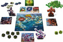 A vibrant tabletop game setup for 'King of Tokyo' by Iello. The game features a colorful board depicting Tokyo with two main areas: Tokyo City and Tokyo Bay. Various game components are displayed, including character figurines, dice, energy cubes, and action cards. Players can choose from iconic monsters to battle and dominate the city, making it an exciting and strategic game for friends and family.