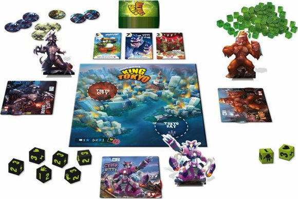 A vibrant tabletop game setup for 'King of Tokyo' by Iello. The game features a colorful board depicting Tokyo with two main areas: Tokyo City and Tokyo Bay. Various game components are displayed, including character figurines, dice, energy cubes, and action cards. Players can choose from iconic monsters to battle and dominate the city, making it an exciting and strategic game for friends and family.