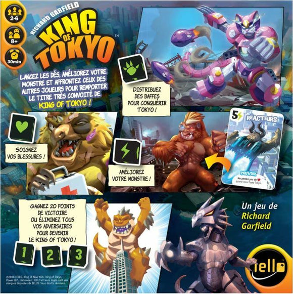 The game 'King of Tokyo' by Iello features colorful artwork showcasing monsters battling for dominance in Tokyo. The box cover includes instructions in French, with illustrations of fierce creatures like a lion monster and a robotic dragon. The game is designed for 2-6 players, ages 8 and up, with an estimated playtime of 30 minutes.