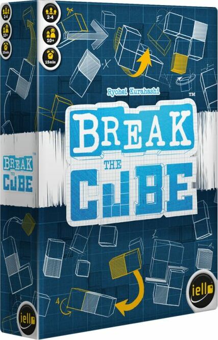 Break the Cube board game by Iello, featuring a captivating blue and white box design. The game is designed for 2-4 players, suitable for ages 10 and up, and offers exciting gameplay lasting around 15 minutes. The box displays a variety of cube illustrations and a playful design element with arrows hinting at game mechanics.