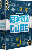 Break the Cube board game by Iello, featuring a captivating blue and white box design. The game is designed for 2-4 players, suitable for ages 10 and up, and offers exciting gameplay lasting around 15 minutes. The box displays a variety of cube illustrations and a playful design element with arrows hinting at game mechanics.