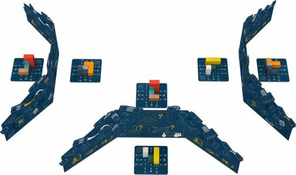 Break the Cube is a strategic game by Iello featuring a unique design with colorful cubes and a modular board layout. The game pieces include various shapes and blocks positioned on a dark blue, illustrated game board, engaging players in a fun and challenging experience.