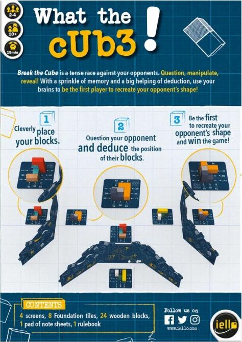 Break the Cube game by Iello featuring colorful wooden blocks and interactive gameplay. Players engage in a race to recreate opponents' shapes using memory and deduction. The game includes four screens, foundation tiles, and a set of wooden blocks, making it a strategic and fun choice for 2 to 4 players. The design emphasizes clever placement and questioning skills.