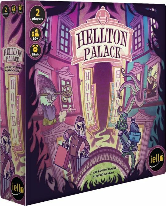 Hellton Palace by Iello: A vibrant and engaging card game for 2 players, featuring a whimsical hotel setting with quirky characters and intricate artwork. The box showcases playful illustrations of monsters and hotel themes, perfect for ages 10 and up. Enjoy 45 minutes of strategic gameplay in this captivating adventure.