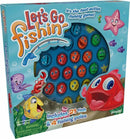Let's Go Fishin' game by Pressman Toy Corp. Features a colorful game board with 21 fish and 4 fishing poles. Ideal for 1-4 players aged 4 and up. Engaging fast-action fishing gameplay with vibrant aquatic characters, perfect for family fun.