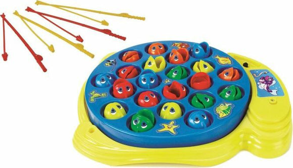 Let's Go Fishin' game by Pressman Toy Corp features a circular pond with colorful fish and sea creatures. Players use fishing rods to catch the fish as they pop up and down. The playful design encourages hand-eye coordination and turn-taking for children.