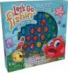 Let's Go Fishin' game by Pressman Toy Corp. The box features colorful illustrations of fish and underwater scenes, with a prominent red fish character and vibrant game pieces. Ideal for family fun, this game invites players to catch fish with small fishing rods.