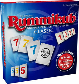 The original Rummikub game box featuring vibrant blue background with red accents. The box showcases colorful numbered tiles and a smiling joker tile, emphasizing the game's fun. Suitable for 2-4 players, ages 8 and up. 'Brings people together' tagline displayed prominently, highlighting its social aspect.
