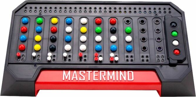 Mastermind game by Pressman Toy Corp, featuring a black and red game board with rows of colored pegs for strategic code guessing. Ideal for 2 players, it challenges logic and deduction skills.