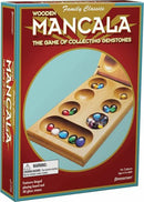 Wooden Mancala game from Pressman Toy Corp featuring a hinged playing board with colorful glass stones for collecting. Suitable for 2 players, ages 6 and up, this classic family game emphasizes strategy and skill in gemstone collection.