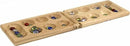 Wooden Mancala game from Pressman Toy Corp featuring a smooth, natural wood finish with multiple shallow pits and colorful marbles in various holes. The game is folded in half, showcasing its elegant design.