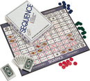 Sequence board game by Pressman Toy Corp, featuring a game board with various cards and colored markers for players. The box is displayed alongside playing cards and game pieces, emphasizing its strategic gameplay.