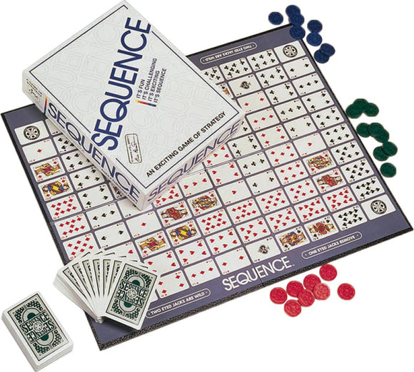 Sequence board game by Pressman Toy Corp, featuring a game board with various cards and colored markers for players. The box is displayed alongside playing cards and game pieces, emphasizing its strategic gameplay.