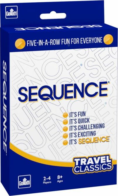 The Sequence Travel Classic game by Goliath, featuring a vibrant blue and yellow box design. The packaging highlights 'Five-in-a-row fun for everyone' along with key phrases like 'It's fun', 'It's quick', 'It's challenging', and 'It's exciting'. Ideal for 2-4 players aged 8 and up.