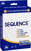 The Sequence Travel Classic game by Goliath, featuring a vibrant blue and yellow box design. The packaging highlights 'Five-in-a-row fun for everyone' along with key phrases like 'It's fun', 'It's quick', 'It's challenging', and 'It's exciting'. Ideal for 2-4 players aged 8 and up.