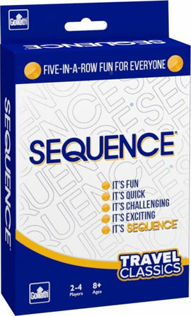 The Sequence Travel Classic game by Goliath, featuring a vibrant blue and yellow box design. The packaging highlights 'Five-in-a-row fun for everyone' along with key phrases like 'It's fun', 'It's quick', 'It's challenging', and 'It's exciting'. Ideal for 2-4 players aged 8 and up.