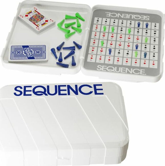 Sequence Travel Classic game by Goliath featuring a compact game board, playing cards, and colored pegs. The game box is white with blue lettering, and the internal board displays a grid with numbered spaces and available moves for gameplay.