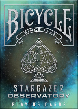 Bicycle Stargazer Observatory playing cards, featuring a cosmic background with a detailed spade logo. Ideal for card games and stargazing enthusiasts.