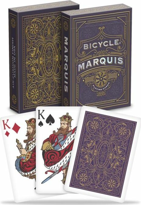 Bicycle Marquis Card Deck featuring intricate designs. The deck includes a beautifully decorated box and colorful playing cards showing the King of Diamonds, King of Spades, and card backs with elegant patterns.