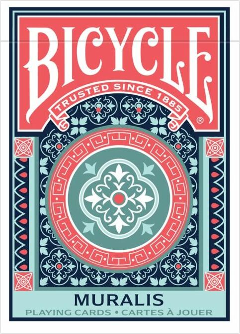 Bicycle Muralis Card Deck featuring an intricate design with a red, teal, and white color scheme. The packaging showcases a traditional Bicycle logo with decorative patterns around it, perfect for card games and family gatherings.