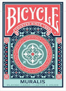 Bicycle Muralis Card Deck featuring an intricate design with a red, teal, and white color scheme. The packaging showcases a traditional Bicycle logo with decorative patterns around it, perfect for card games and family gatherings.