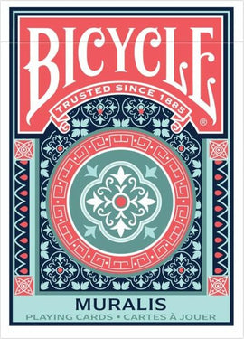 Bicycle Muralis Card Deck featuring an intricate design with a red, teal, and white color scheme. The packaging showcases a traditional Bicycle logo with decorative patterns around it, perfect for card games and family gatherings.