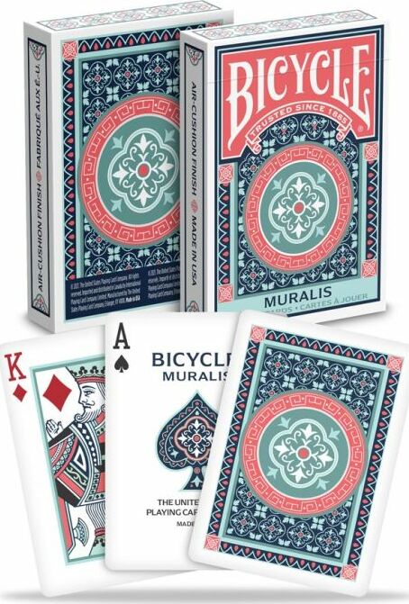 Bicycle Muralis card deck featuring intricate designs in shades of blue, red, and green. The deck includes two visible cards, a King of Diamonds and an Ace of Spades, showcasing the artistic patterns. The box is elegantly designed with 'Bicycle' branding.