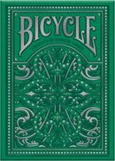 Bicycle Jacquard playing cards featuring an intricate green and silver design on the card back. The card case displays the Bicycle logo prominently at the top, indicating quality and tradition since 1885.